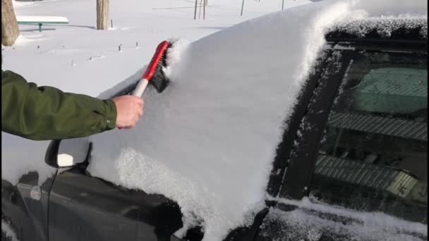 Borstning Snö Från Den Europeiska Bilen Vänster Sidodörrar Glas Mans — Stockvideo