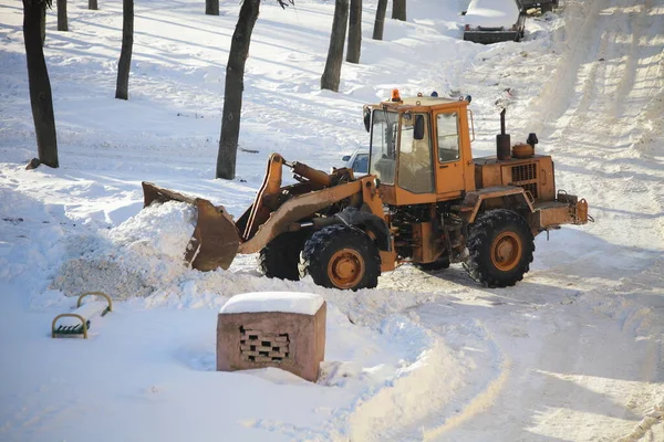 One yellow powerful wheeled bulldozer tractor removes a snow with scraper shovel blade snowplow on courtyard road after heavy snowfall at Sunny winter day, top front side view closeup