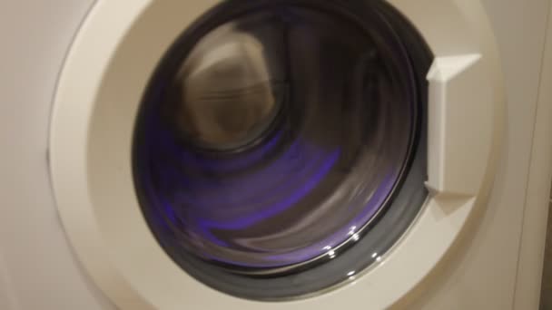 Laundry Mix Wringing Front Loaded Wash Machine Rotate Basket Closeup — Stock Video