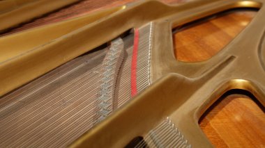 Klasik Grand Piano iç görünüşü, açık kapak altında sicimler ve çiviler, akort edilmiş müzik aletleri.