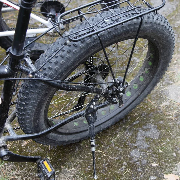 Black Fat Bike Rear Wheel Trunk Fender Stand Outdoor Park — Foto de Stock