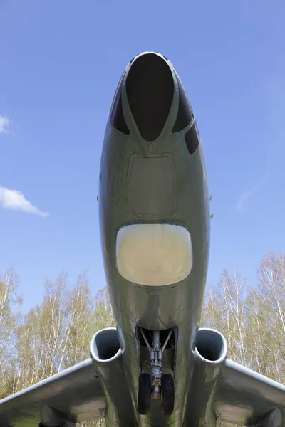 Closeup Bottom View Fuselage Soviet Turbojet Military Aircraft Taking Background — Stock Photo, Image