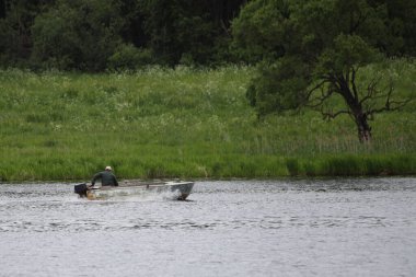 Sakin nehir suyunda yüzen eski motorlu tekne yeşil çimenli sahilde, yaz günü ağaç ve orman arka planında, Rus kırsal nehir manzarasında
