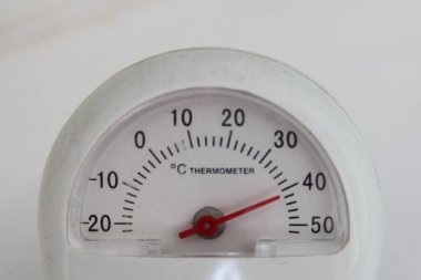 Beyaz tamirci ev arama termometresi ölçeğinde 40 derece Celsius yaz sıcaklığında.