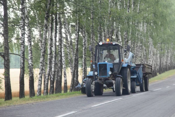 夏の日に村のバーチの木の間の農村部のアスファルト道路上のトレーラードライブを持つ車輪付きトラクター 東ヨーロッパでの収穫 — ストック写真