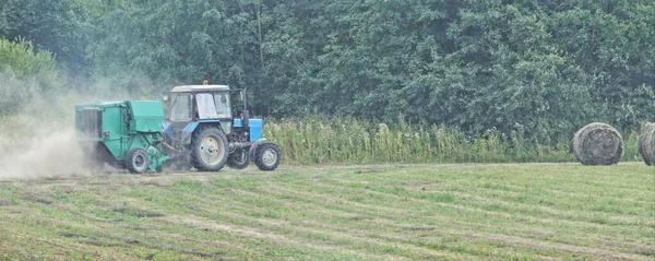 트랙터를 가을에 아마포를 수확하는 은가을에 짚으로 밭에서 수확을 — 스톡 사진