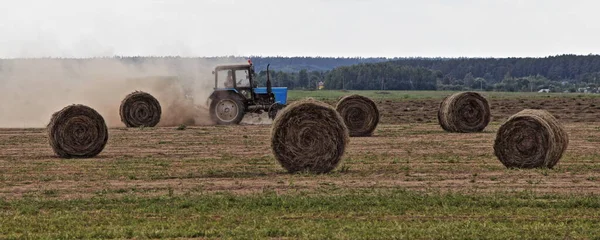 Старый Тракторный Комбайн Поле Тюками Соломы Осенью Уборка Льняного Сырья — стоковое фото