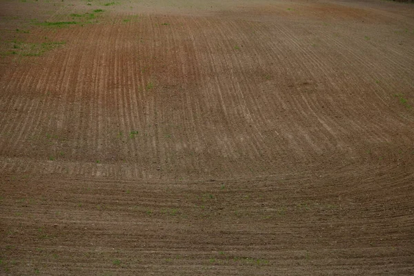 Campo Cultivado Arado Marrom Bonito Com Sulcos Listras Textura Fundo — Fotografia de Stock