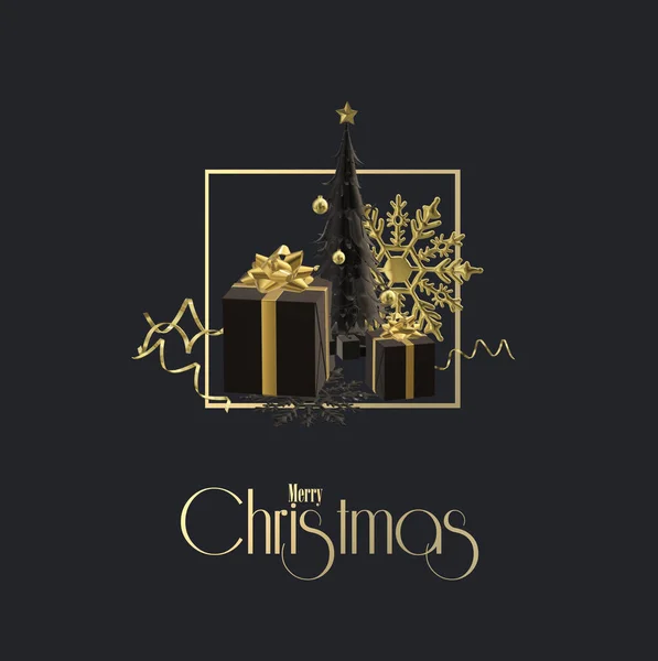 크리스마스 카드검은 황금색으로 Xmas Gift Box Xmas Tree Snowflakes Strimmer — 스톡 사진