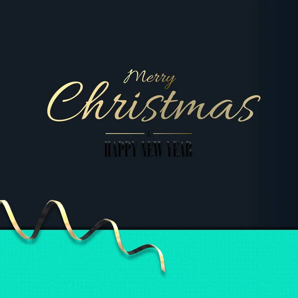 Minimalist Christmas holiday design. Golden serpentine, gold text Merry Christmas Happy New Year on turquoise blue background. 3D illustration, Business invitations, greetings, elegant holiday card