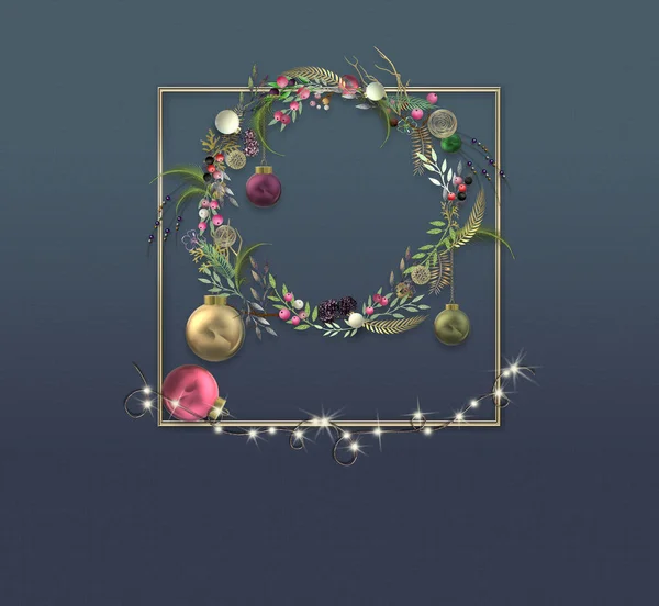 クリスマスの花の花輪と休日のクリスマスの3Dデザイン クリスマスのボールの泡 青の背景に金のフレーム モックアップ テキストのための場所 クリスマス3Dレンダリングカード — ストック写真