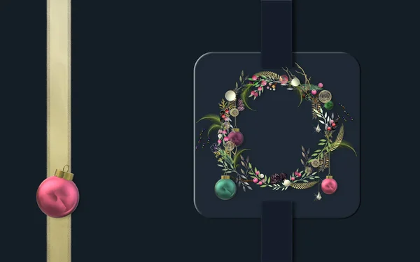 クリスマスの新年の休日の豪華なバナー 美しいお祝いのクリスマスの花輪 黒い青の劇的な背景の3Dボールの泡 3Dレンダリング 水平休日の抽象カード — ストック写真