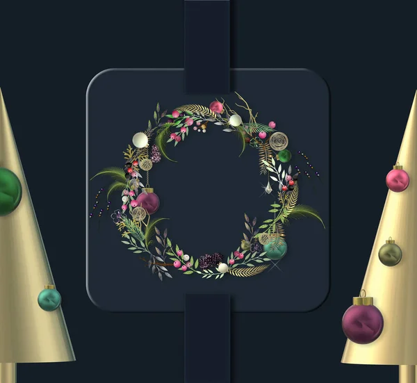 クリスマスのシンボル3D抽象的なクリスマスの詳細な花輪 3D金のクリスマスツリー 青の黒の背景にボールの泡 3Dイラスト カード 招待状 ウェブのための休日のお祝いクリスマスデザイン — ストック写真