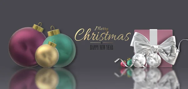 圣诞横幅与现实的圣诞节三维闪亮球包 圣诞粉色礼品盒 银弓暗褐色背景与反光 祝您圣诞快乐新年快乐 水平3D渲染 — 图库照片