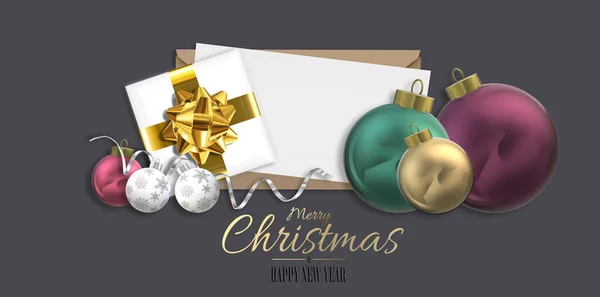 3 boyutlu gerçekçi Noel tasarımı gerçekçi Xmas topu mücevheri, yaylı Xmas hediye kutusu, koyu kahverengi üzerine Mutlu Noeller mesajı. Yatay 3D çizim. Metin için yer