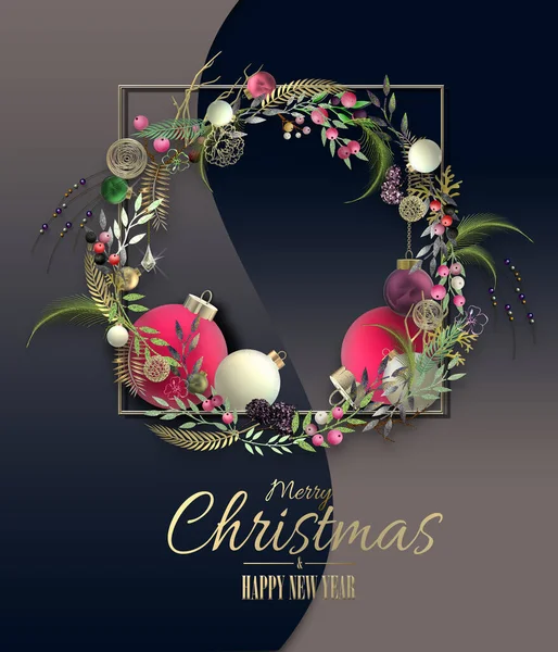 3D Xmas sembollü lüks Noel tatili çelengi, gerçekçi Xmas topları, mavi arka planda. Altın mesaj Mutlu Noeller. Mutlu yıllar. 3 boyutlu illüstrasyon, tatil kartı