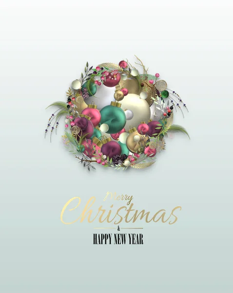 Diseño Navideño Navideño Con Corona Navidad Bolas Realistas Navidad Texto — Foto de Stock