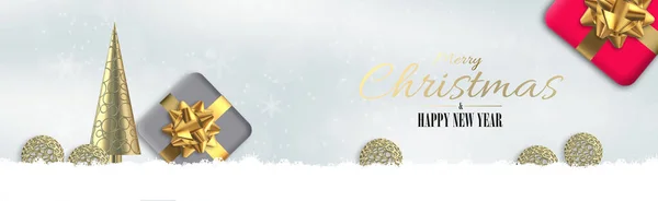 Kar taneleri, kar, kırmızı gri üç boyutlu hediye kutuları ve pastel gri arka planlı zarif Noel afişi tasarımı. 3 boyutlu görüntüleme. Mutlu Noeller mesajı at. Mutlu yıllar. Güzel soyut Xmas daveti