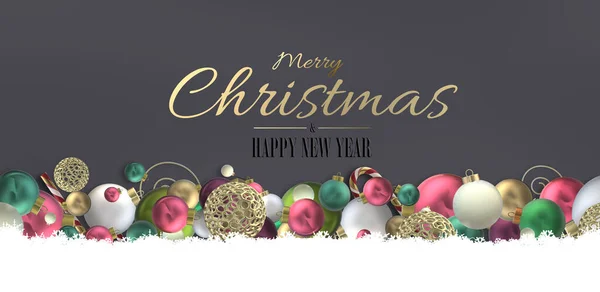 Koyu gri üzerine yatay Xmas arkaplan pankartı. Üzerinde Noel sembolü 3D parlak kırmızı altın toplar ve gri kahverengi arka plan. Mutlu Noeller mesajı at. Mutlu yıllar. 3B görüntüleme ile tatil tasarımı