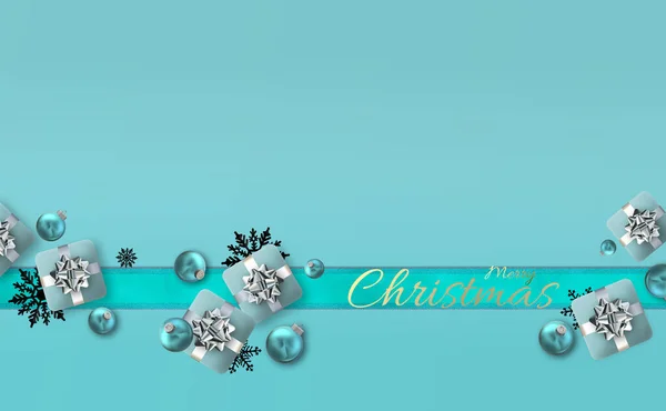 ギフトボックス 3Dボールの泡 パステルカラーの雪の結晶と青でクリスマスのシンボルを持つ休日のクリスマスバナー 金のテキストターコイズブルーのリボンのメリークリスマス 概要水平3Dレンダリング — ストック写真