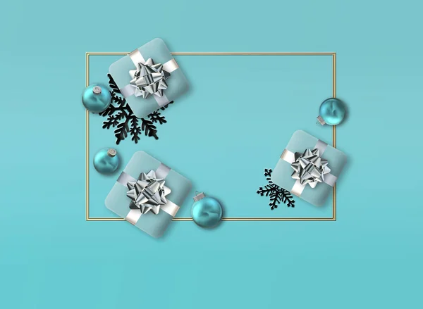 Elegante Bella Cartolina Natale Blu Con Simboli Natalizi Scatole Regalo — Foto Stock