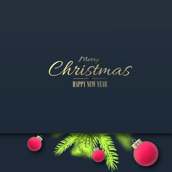 Minimalista Karácsonyi Kártya Xmas Fenyő Realisztikus Piros Golyó Baubles Kék — Stock Fotó