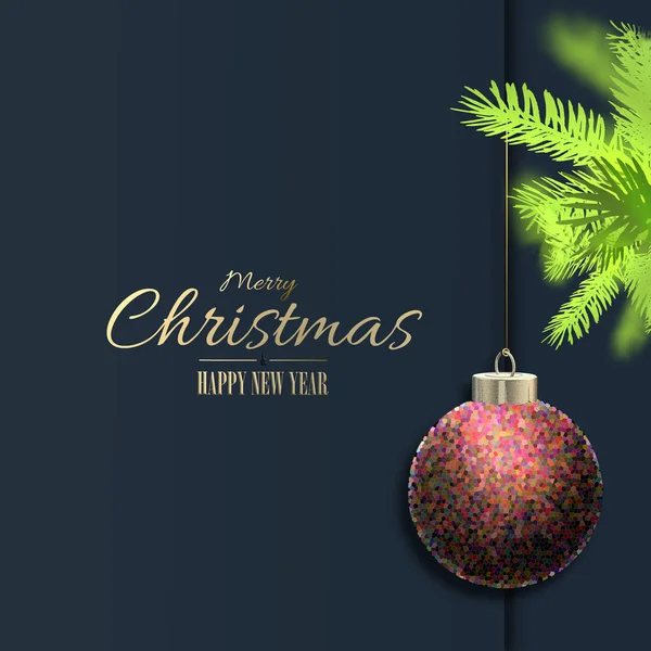abstract Christmas holiday card with Xmas fir, Xmas ball bauble over blue black background. Gold text with Christmas wishes. 3D illustration