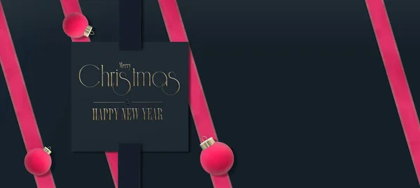 ピンクのリボンと現代的な豪華なクリスマスの飾り 黒の背景に赤いピンクのクリスマスボールの泡 クリスマスの願いを込めて 3Dレンダリング — ストック写真