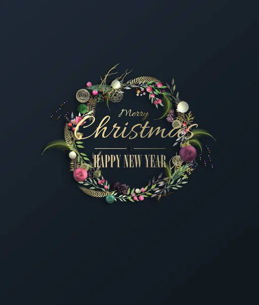 Minimalist Noel tatili kartı. Üzerinde 3 boyutlu, soyut bir süs, mavi siyah üzerinde Xmas çelengi var. Altın mesaj Mutlu Noeller yeni yıl. 3B görüntüleme