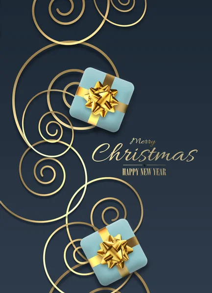 奢华典雅的金色圣诞装饰品和蓝色背景的圣诞礼品盒 用于卡片 邀请函 寒假用的最小垂直卡片 3D渲染 — 图库照片