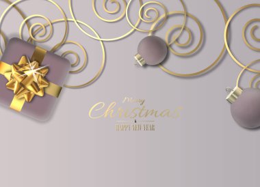 Mutlu Noeller ve pastel renklerle yeni yılınız kutlu olsun. Gerçekçi Xmas hediye kutusu, pastel gri pembe rengin üzerindeki şenlik süsü. Düz manzaralı. Noel posteri, tatil, el ilanı. 3 Boyutlu Hazırlama