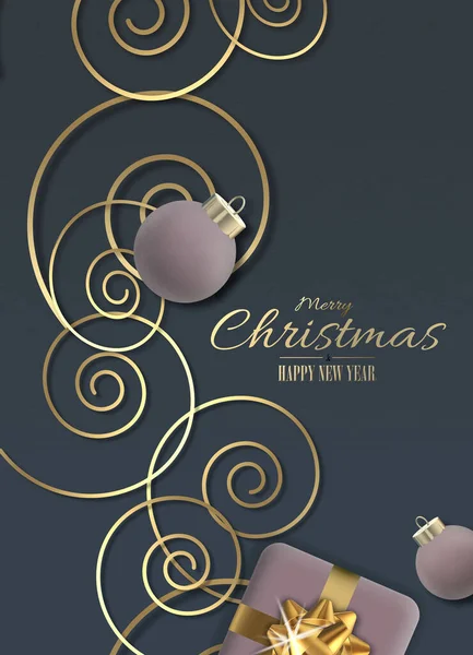 ブルーゴールドカラーのモダンな珍しいクリスマスオーナメント 黄金の弓 クリスマスボール 青以上の黄金の装飾とクリスマスの現実的なギフトボックス クリスマスの願いと金のテキスト 3Dイラスト — ストック写真