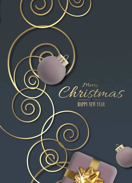 Mavi altın renkli modern alışılmadık Noel süsü. Altın yaylı Xmas gerçekçi hediye kutusu, Xmas topları, mavi üzerine altın süs. İçinde Noel dilekleri olan altın bir metin. 3B illüstrasyon