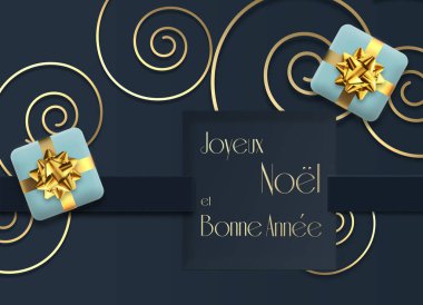 Fransız dilinde soyut Noel kartı. Kar taneleri, mavi hediye kutuları, Mutlu Noeller mesajı Fransa dilinde Joyeux Noel et Bonne Annee, koyu mavi üzerine. 3 Boyutlu Hazırlama