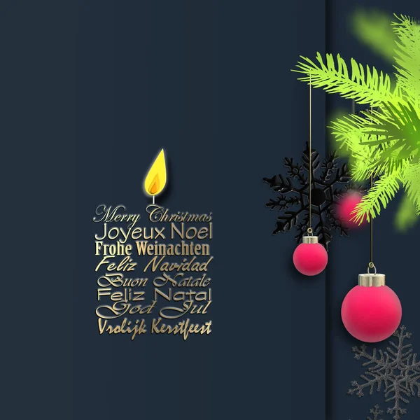 Christmas holiday card in European languages French, German, Portuguese, Italian, Spanish, Swedish, Dutch, English over blue. Corporate business Xmas card. 3D render