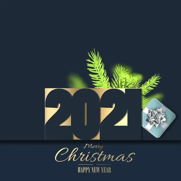 2021 Kártya Számjegy 2021 Karácsonyfa Ágak Ajándék Doboz Fekete Sötétkék — Stock Fotó