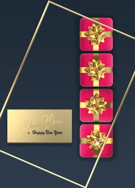 赤いクリスマスギフトボックス 黒の背景に金のギフトタグを持つクリスマス休暇カード 金のテキストメリークリスマスあけましておめでとうございます 3Dレンダリング — ストック写真