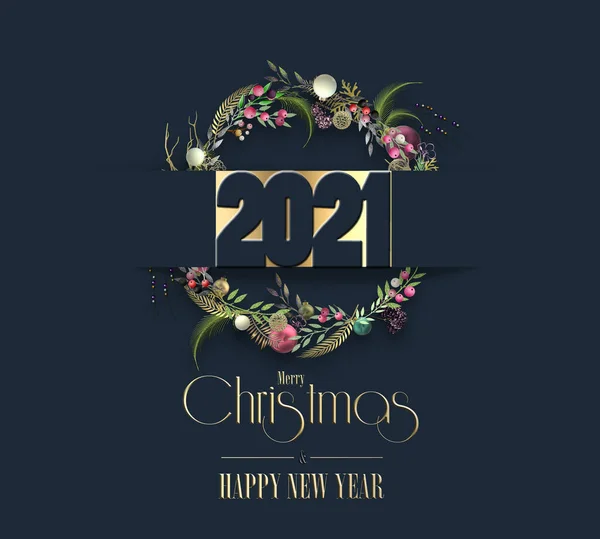 Güzel yeni yıl 2021 yılbaşı kartı, çiçek çelengi, mavi arka planda altın rakam 2021. İçinde Noel dilekleri olan altın bir metin. 3B görüntüleme