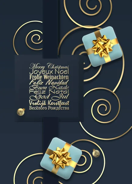 Elegant luxury Christmas holiday card in European languages French, German, Portuguese, Italian, Spanish, Swedish, Dutch, English on blue black. Golden Xmas ornament, gift boxes. 3D illustration