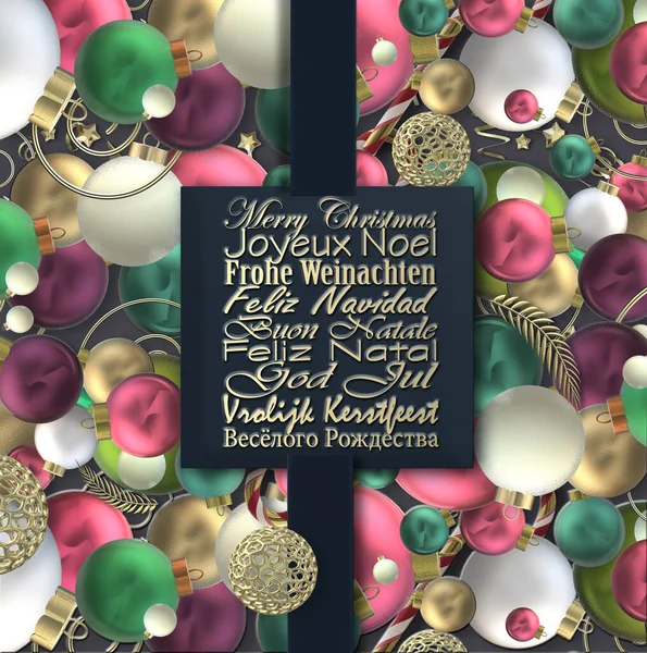 Corporate Xmas holiday card with Christmas wishes in European languages French, German, Portuguese, Italian, Spanish, Swedish, Dutch, Russian over realistic Xmas balls. Place for text 3D render