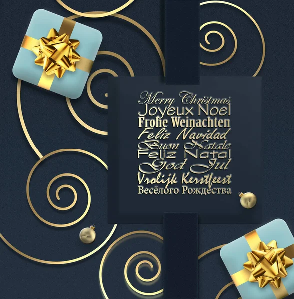 Christmas holiday card in European languages French, German, Portuguese, Italian, Spanish, Swedish, Dutch, English on blue black. Golden Xmas ornament, blue gift boxes. 3D illustration