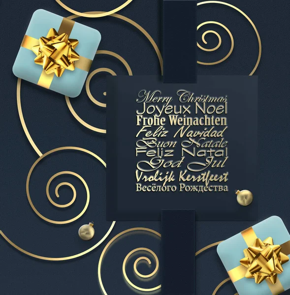 Avrupa dillerinde Noel kartı Fransızca, Almanca, Portekizce, İtalyanca, İspanyolca, İsveççe, Hollandaca, İngilizce. Altın Xmas süsü, mavi hediye kutuları. 3B illüstrasyon
