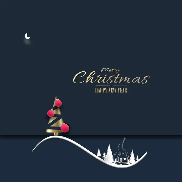 Weihnachten Neujahrskarte Mit Winterlandschaft Auf Blauem Hintergrund Goldtext Frohe Weihnachten — Stockfoto