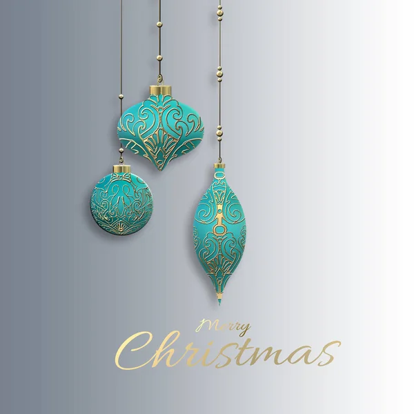 Tarjeta Navideña Con Bolas Navidad Azul Turquesa Adorno Oriental Dorado — Foto de Stock