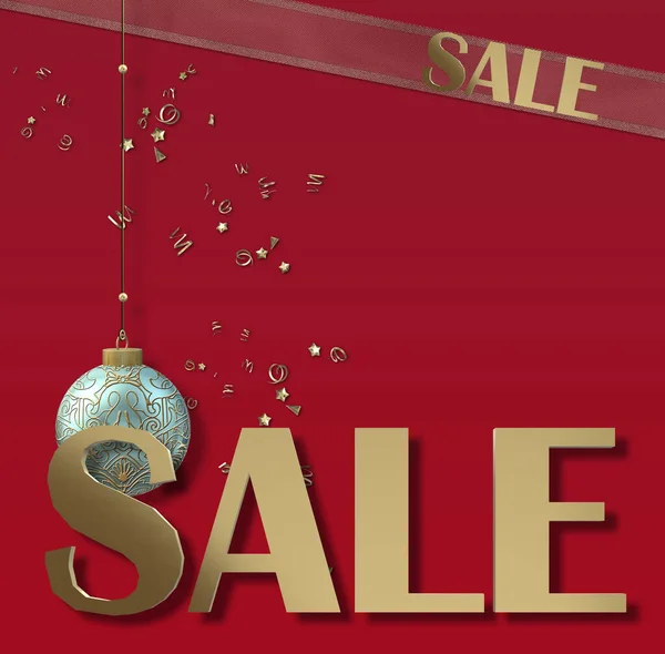New Year sale with gold word Sale, Xmas ball bauble on red background with golden confetti. 3D render