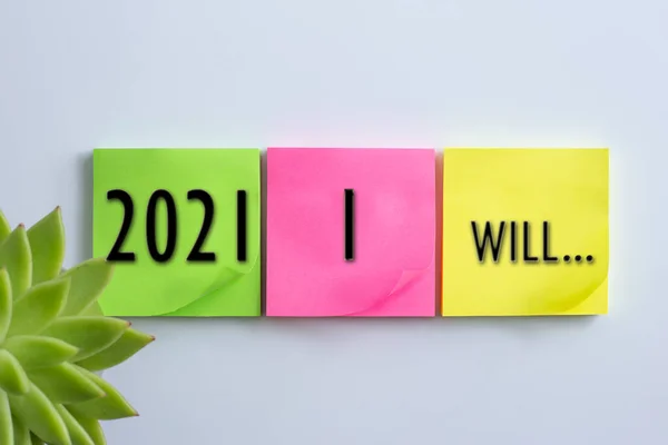 Home Plant Soft Focus Different Colour Sticky Notes Sign 2021 — Stock Photo, Image