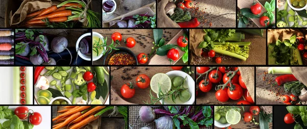 Koláž Zeleniny Rustikální Kuchyň Foto Koláží Různé Zeleniny Horní Pohled — Stock fotografie