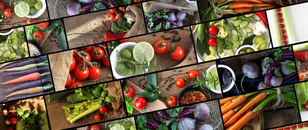 Collage of vegetables. Photo collage of different vegetables. Top view. Horizontal background. Copy space, place for text