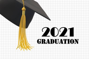 Mezuniyet 2021 şapkası. 2021 sınıfı. Eğitim konsepti, izole, 3 boyutlu illüstrasyon