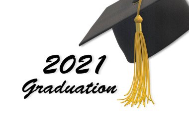2021 mezuniyet sınıfı. 2021 sınıfı, başlık ve püsküllü. Eğitim konsepti, beyaz üzerine izole edilmiş, 3 boyutlu illüstrasyon
